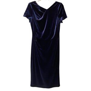 Chaps Navy Blue Velvet Short Sleeve Draped Sheath Midi Dress Size 12